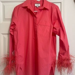 Feather-trim cotton poplin button-up shirt with collar